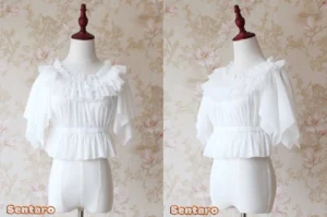 Pure white lolita off-shoulder chiffon cropped blouse front display with ruffled collar and sheer flutter sleeves on dress form
