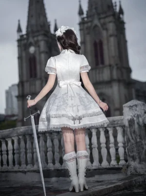 White lolita op dress back view waist bow tie cross details classic silhouette church terrace