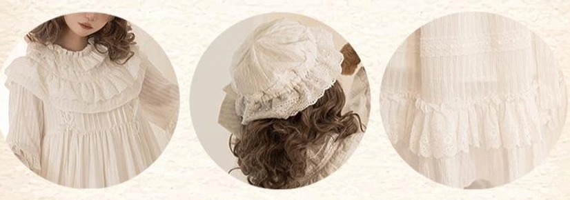 Close-up detail shots featuring the ruffled collar, matching lace bonnet, and floor-length ruffled hem of this premium white sweet lolita one-piece dress