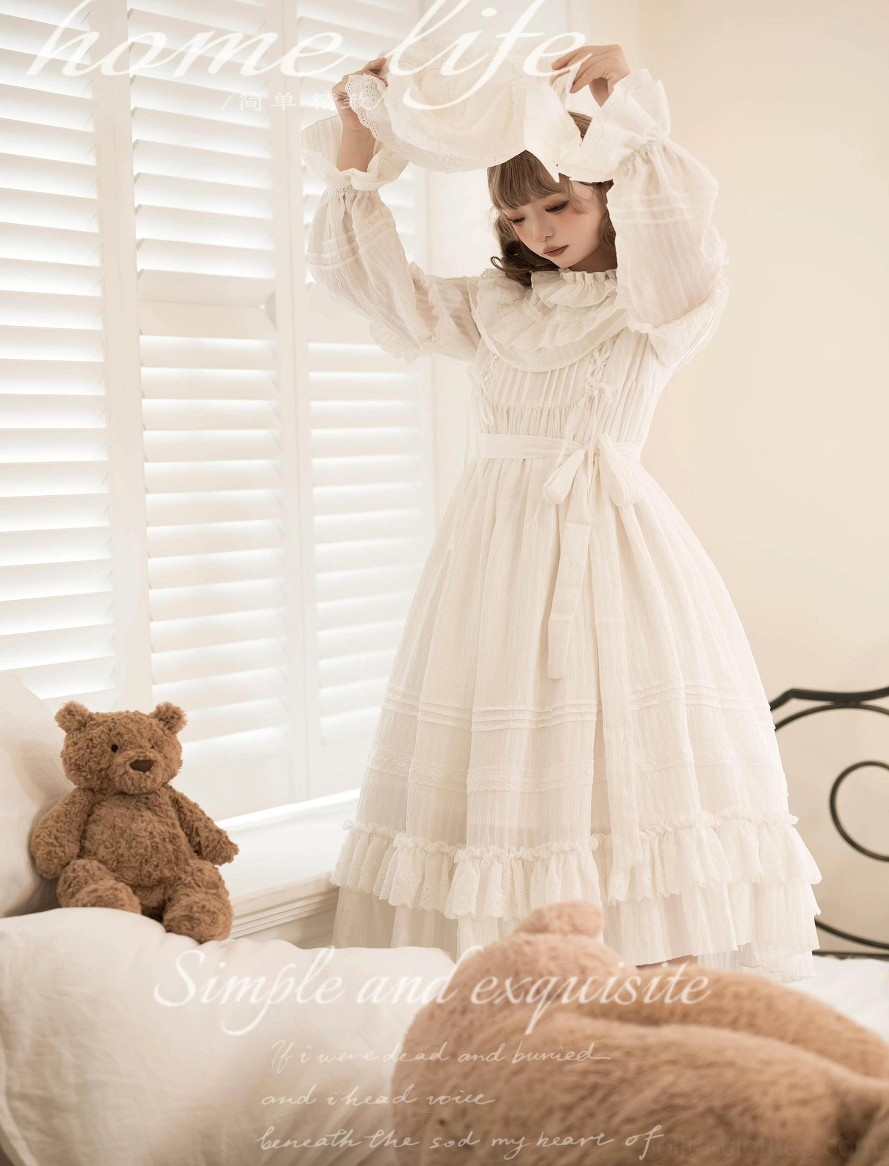 Front full-body view of girl wearing white lolita one-piece dress with adjustable removable waist tie, ruffled collar and full-length bishop sleeves, embodying sweet lolita fashion