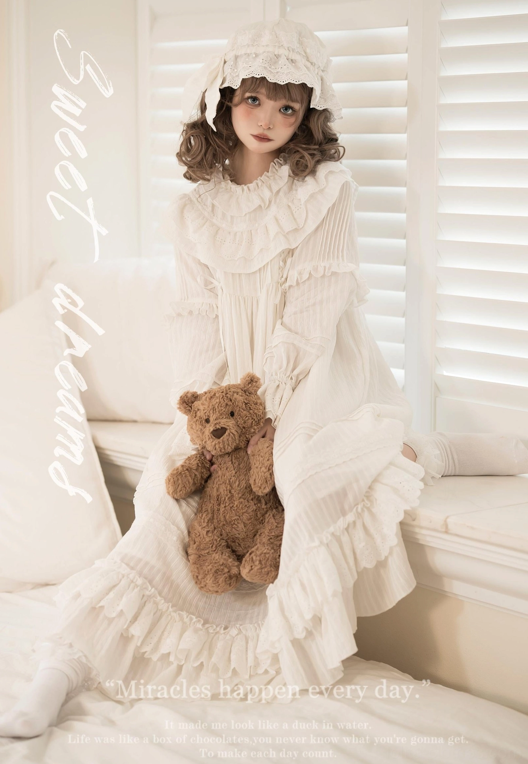 Sitting pose showcasing the white lolita one-piece dress with generous ruffled collar and multiple layers of skirt ruffles, perfect for sweet lolita coordinate styling