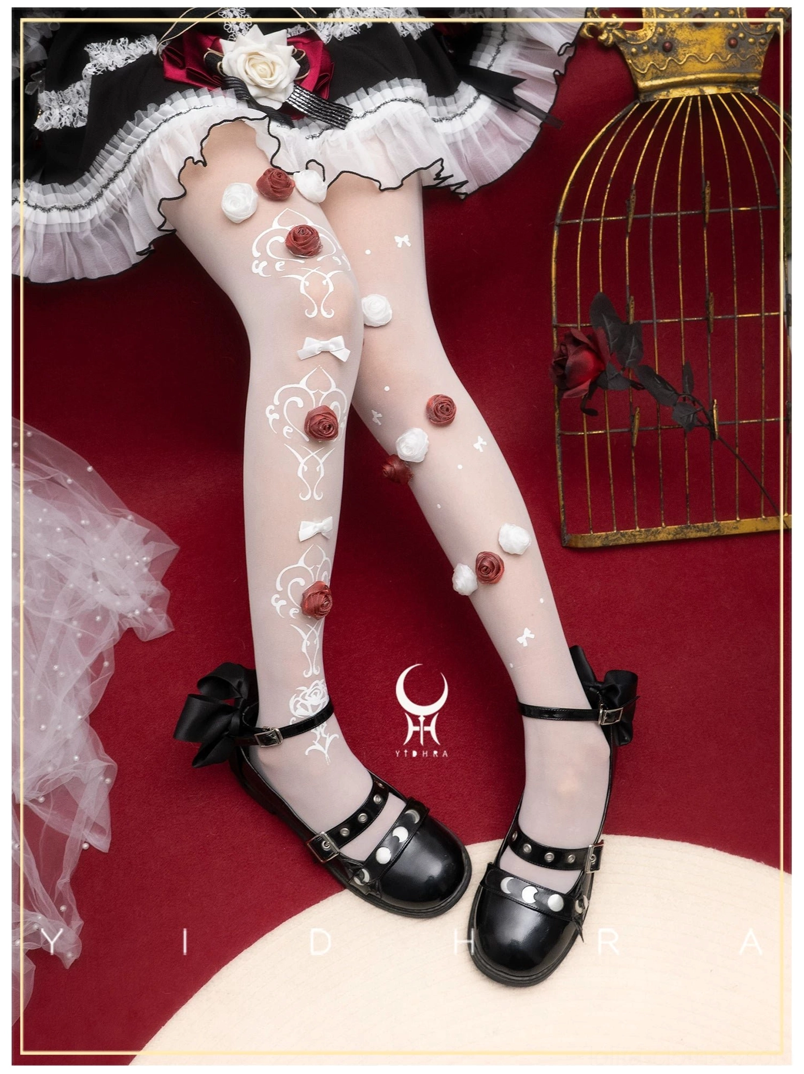 White lolita pantyhose front facing legs display handmade roses white embroidery red roses fuzzy pom-poms coordinated styling sweet romantic aesthetic
