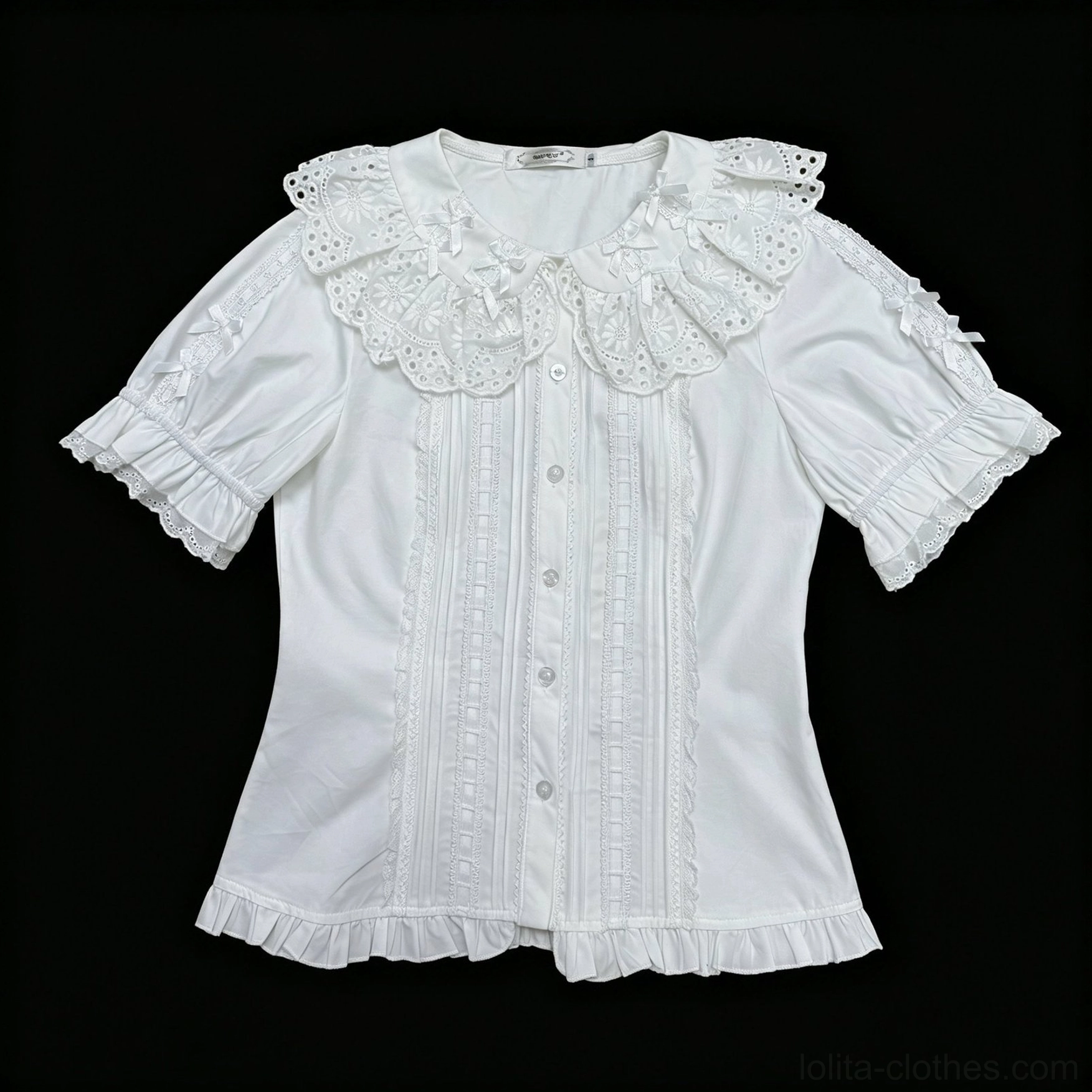 White Sweet Lolita Peter Pan collar short-sleeve cotton blouse front view with hollow embroidered ruffled neckline button closure