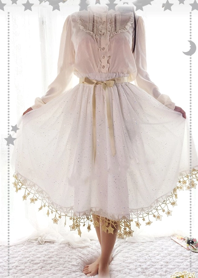 White lolita petticoat 23.6 inch extended length with romantic gold star lace trim and tulle volume