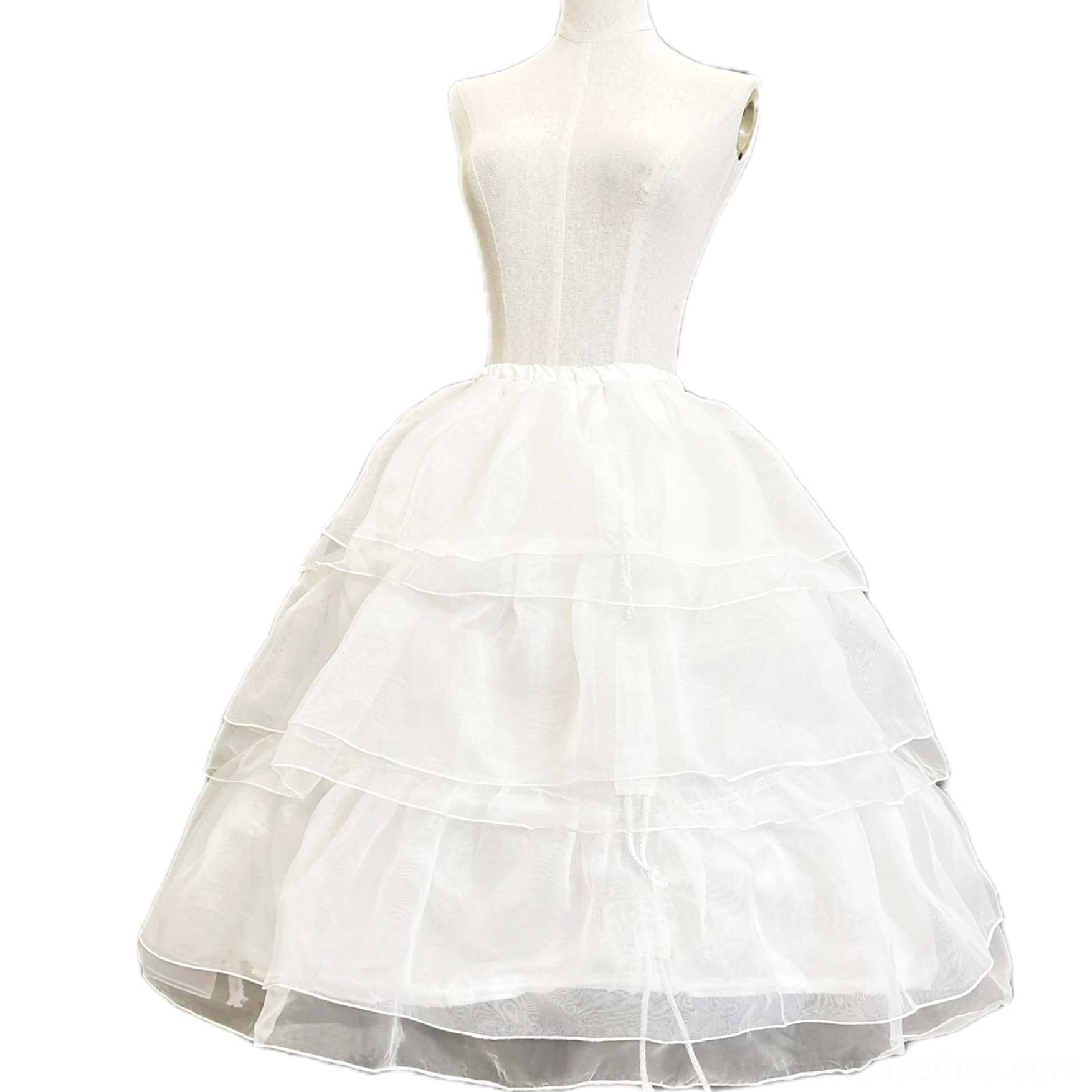 Direct central front view of white triple-layer organza Lolita petticoat with smooth layered construction and voluminous bell shape