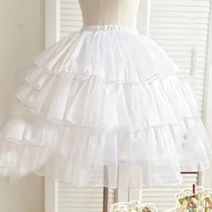 centered front view of white mesh lolita petticoat showing layered ruffle structure and full volume