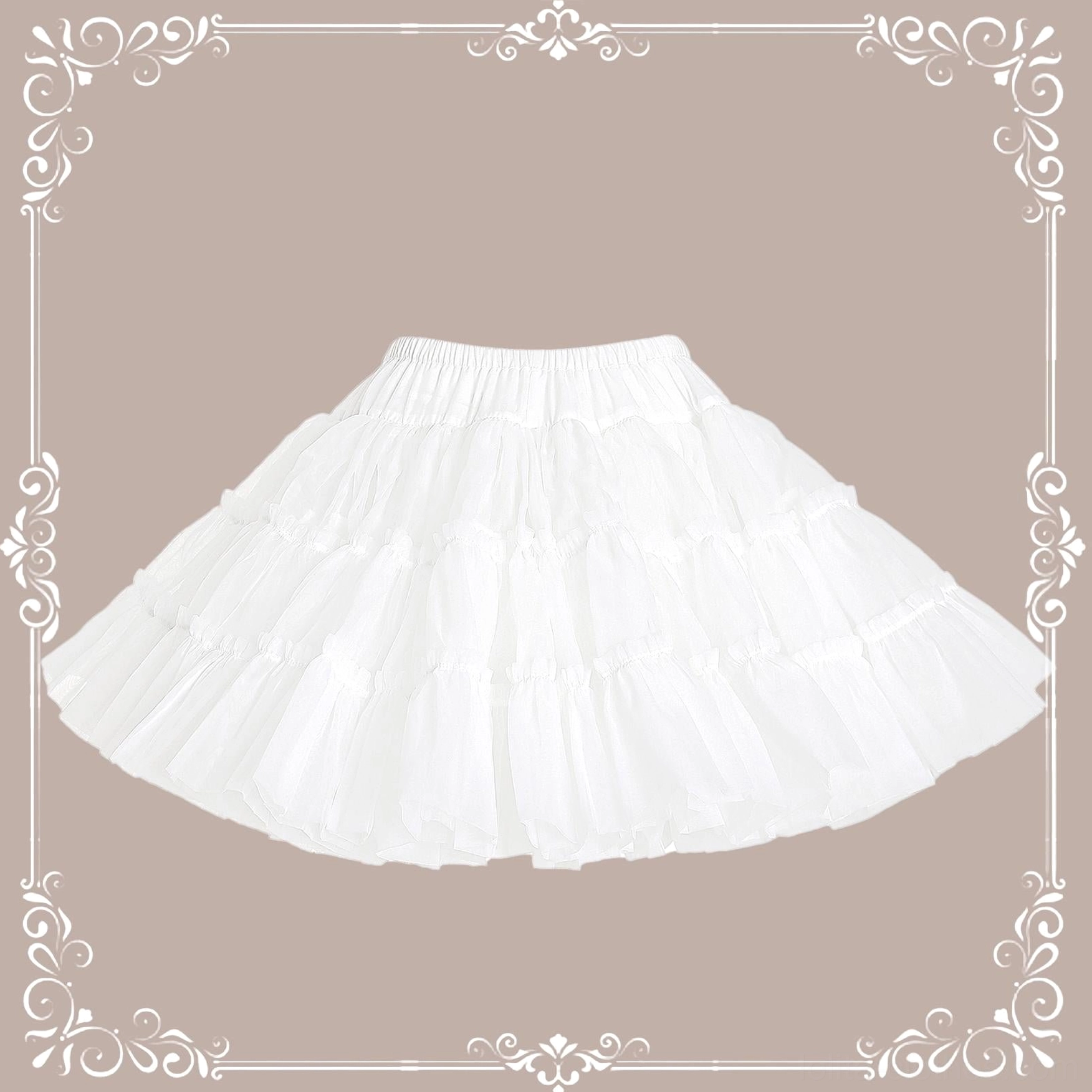 Single white lolita petticoat direct overhead flat lay view showing A-line silhouette elastic waist and sheer ruffled tulle construction detail
