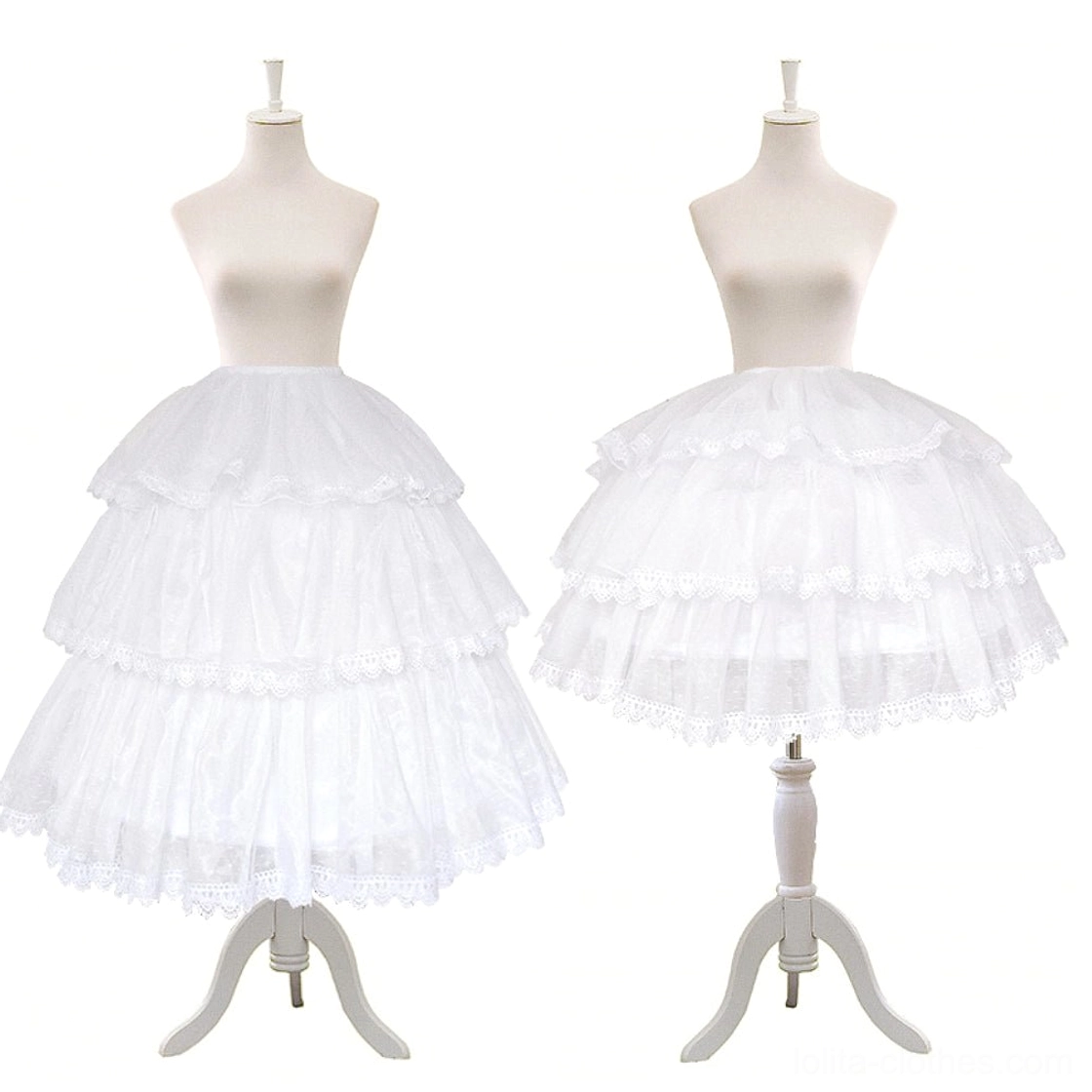 Two styles white lolita petticoats vintage mannequins tiered ruffled tulle comparison lace version