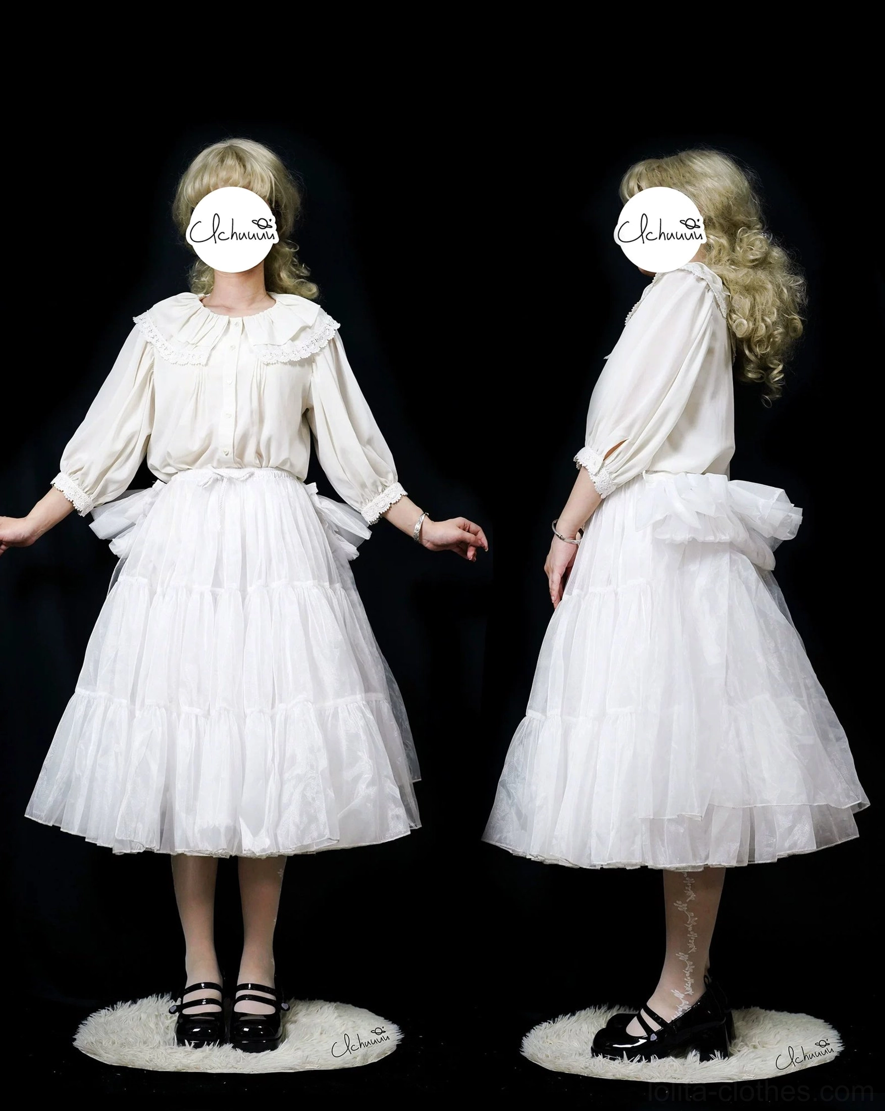 White detachable hip pad lolita petticoat outfit front side view model ruffled collar blouse tiered tulle studio