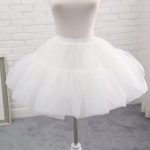White soft mesh tulle lolita petticoat with multi-layered ruffled design close-up front view on dress form