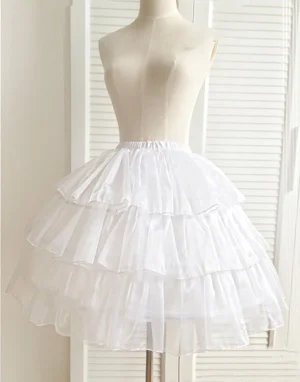 adjustable white lolita petticoat front view with three-tier pearl mesh ruffles and elastic waistband