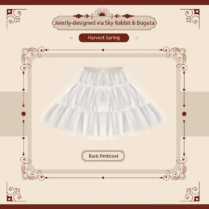 Pure white lolita petticoat flat lay showcase featuring multi-layer ruffled bell-shaped silhouette and elastic drawstring waistband vintage ornate poster presentation