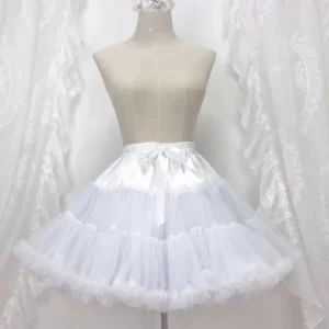 Ultra-puffy white lolita petticoat front full-body display showing voluminous tiered tulle skirt with satin waistband bow and elastic waist design on dress form mannequin