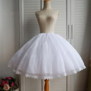 White Lolita petticoat front full view demonstrating structured bell-shaped volume and neat layered tulle construction with refined lace bottom edge