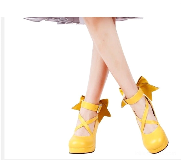 White Lolita platform high heel shoes with clean matte finish, crossover ankle buckle straps, large decorative back bow, round platform toe, and block heel - pure elegant style