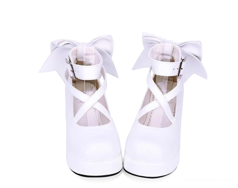 White Lolita platform shoes flat front view with soft fabric back bow crisscross ankle straps smooth white leather