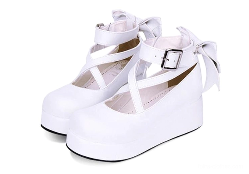 White platform Lolita shoes three-quarter side view metal ankle buckle large back bow round toe thick platform midsole
