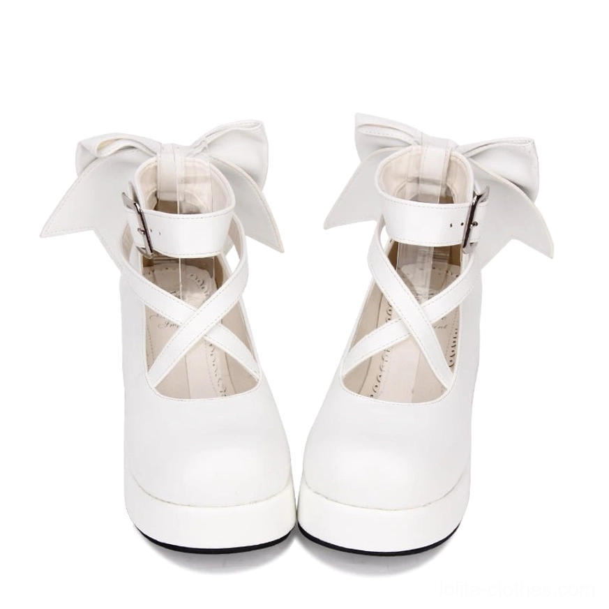 Minimalist white Lolita platform shoes flat front view soft fabric back bow crisscross ankle straps no buckle faux leather