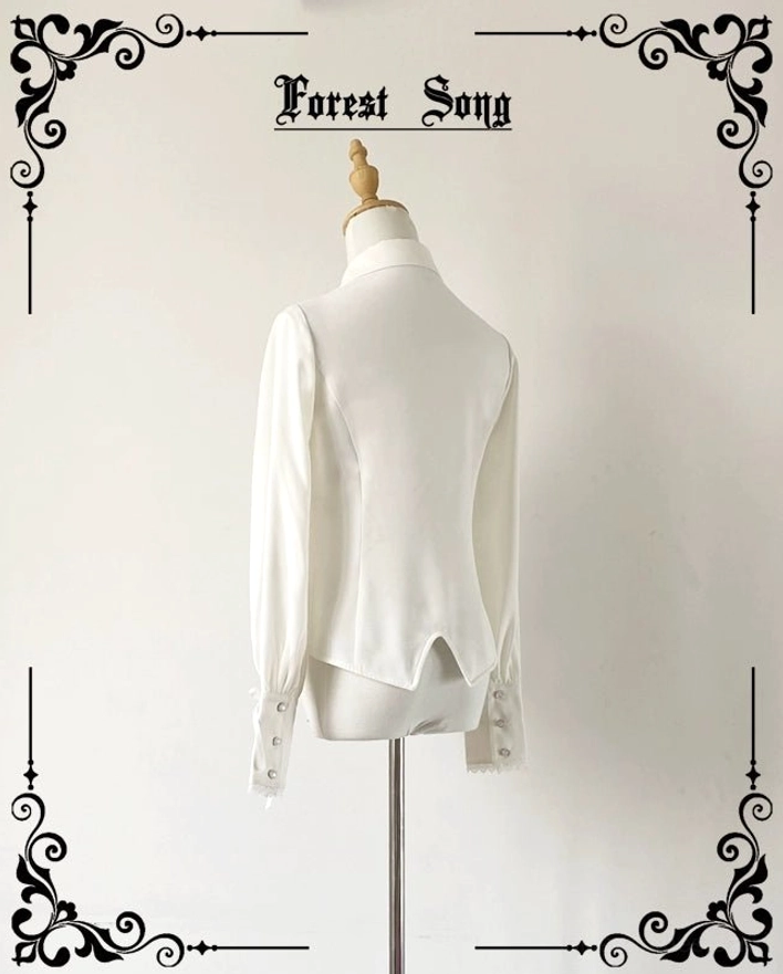 Pure white vintage Lolita long-sleeve shirt with pointed collar back view on dress form, showcasing asymmetrical curved back hem, tailored sleeves, and hidden front closure in plain studio background