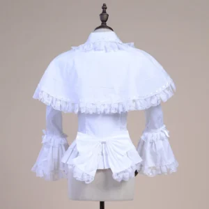 Back view of white Lolita formal blouse featuring layered lace capelet with large fabric bow at waist and ruffled hem