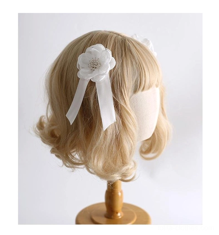 White lolita satin flower hair clip with lace center, satin ribbon tail, elegant detachable accessory right back view