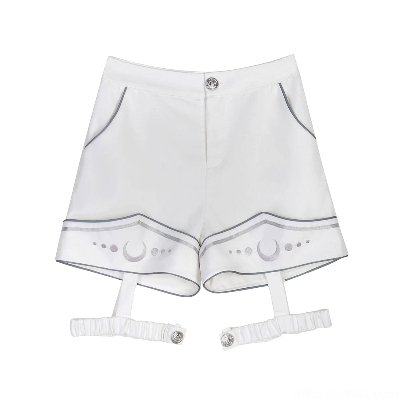Standalone ethereal white lolita shorts component featuring functional pockets, integrated leg harness system, high waistband, and techwear-inspired functional elements