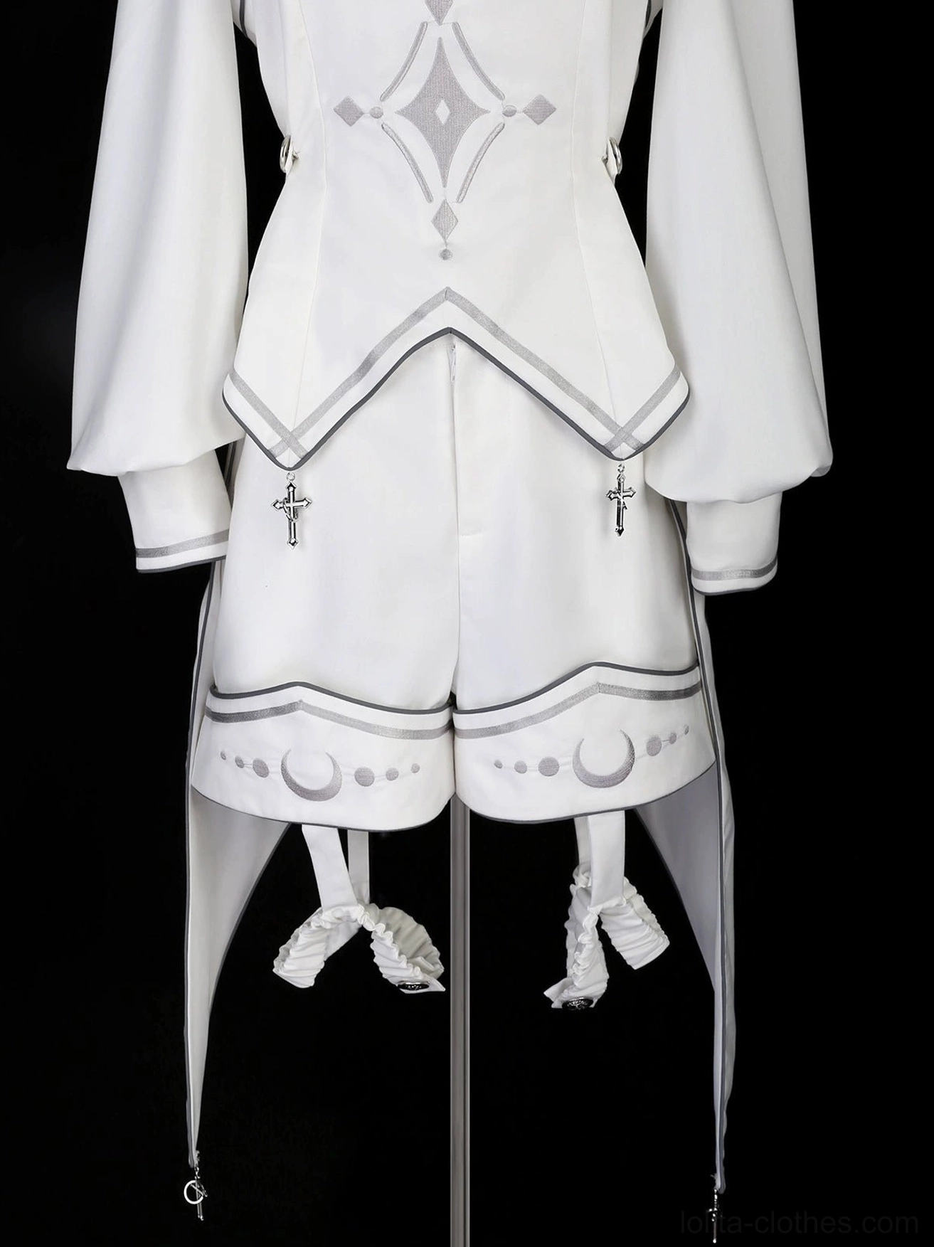 Silver button and cross pendant hardware detail on punk ouji lolita white ensemble showcasing metal embellishments, decorative accents, and gothic aesthetic elements