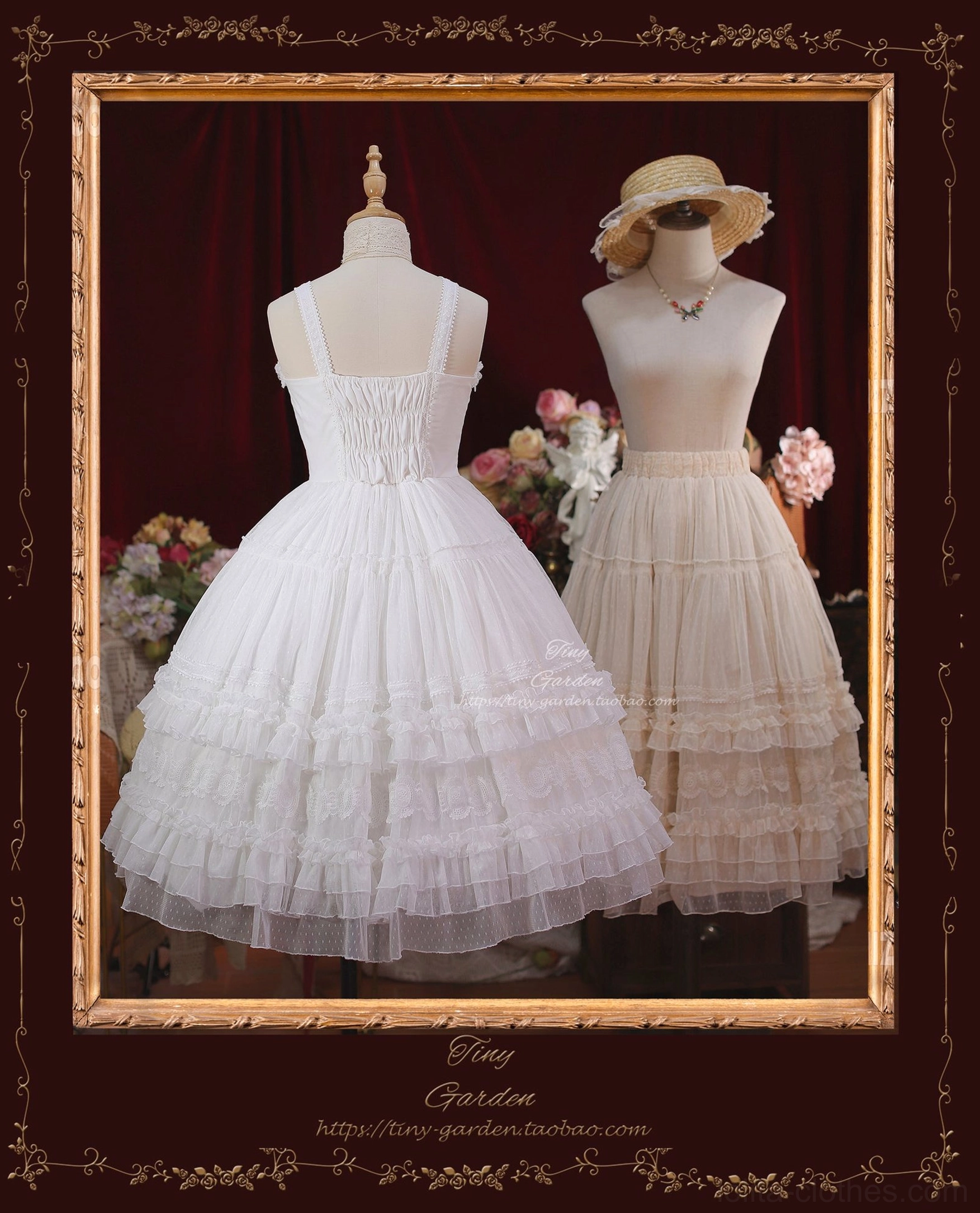 Two-piece white lolita clothing set featuring slip dress with ruffled tulle hem and matching beige half slip layered ruffled edge displayed in vintage gilt frame with dark red curtain backdrop and floral decorative ornaments