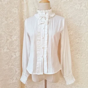 White Victorian lolita stand collar blouse with ruffled placket front full-body view on mannequin