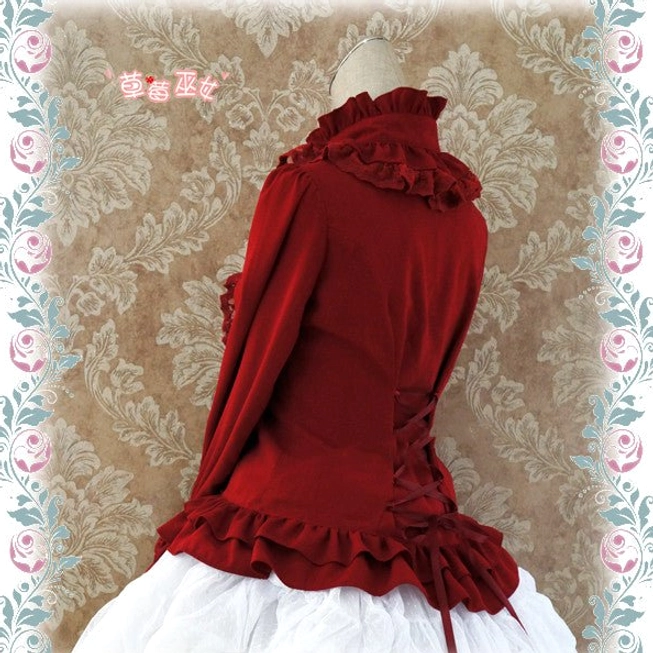 White silk Lolita stand collar blouse side profile view showing structured silhouette ruffled sleeves and lace trim