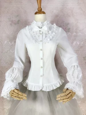 white lolita stand collar blouse with detachable satin bow full front display view classic lolita coordinate with tulle underskirt