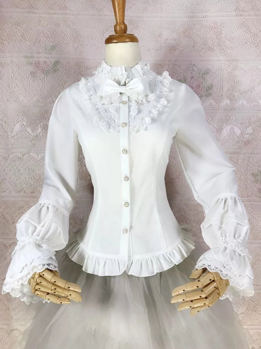 white lolita stand collar blouse with detachable satin bow full front display view classic lolita coordinate with tulle underskirt