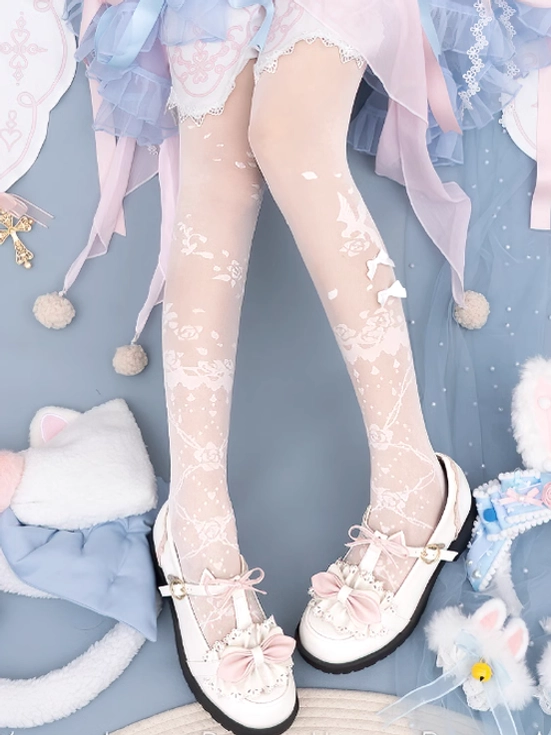 White lolita stereo floral thin tights featuring delicate bird, vine, and botanical prints with premium ruffled lace ankle cuffs, perfect for sweet lolita fashion coordinate and summer wear styling