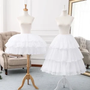 white elegant lolita tiered petticoat with removable bones front view mannequin retro living room setting delicate lace hem trim