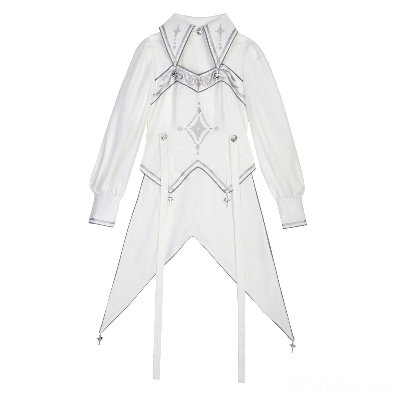 Standalone white punk ouji lolita top showing high-neck collar, mutton sleeves, buttoned cuffs, detachable waist ties, and celestial embroidery detail
