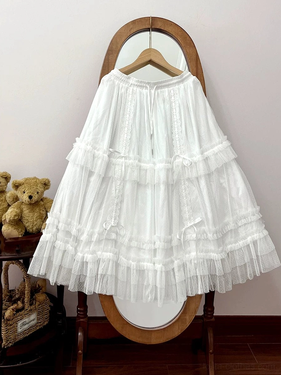 Pure white lolita underskirt with vertical lace trims on tulle layers and clean drawstring waist, hanging on vintage wooden mirror hanger display