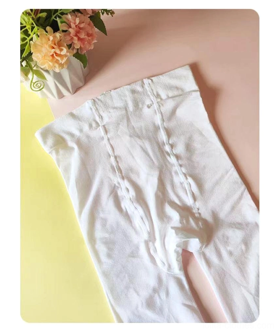 Angled top-down flat lay of plain white velvet Lolita pantyhose showing concealed elastic waist and clean vertical seam stitching smooth finish