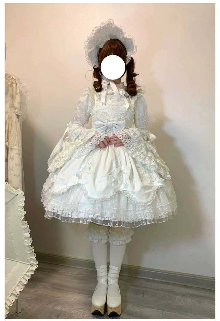 White double-layer waist bow for sweet Lolita dress with satin ribbon and architectural construction