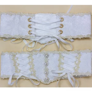 Flat lay comparison of two white lolita waist corsets featuring cream rose lace edges ribbon lace-up and central gem buttons