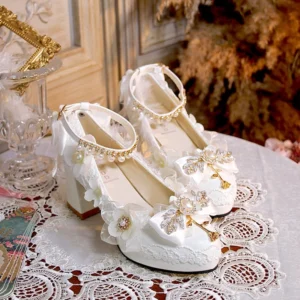 White lolita wedding heels with pearl ankle strap floral rhinestone bow decorations lace upper pointed toe