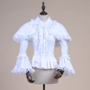 White retro Lolita long-sleeve blouse with detachable lace capelet and princess bell sleeves front view on mannequin