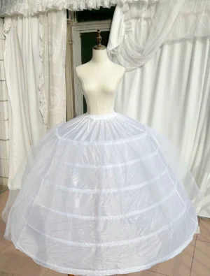 white long lolita hoop petticoat underskirt full front view on mannequin oversized a-line silhouette multi-layer steel hoop structure sheer tulle mesh gauze