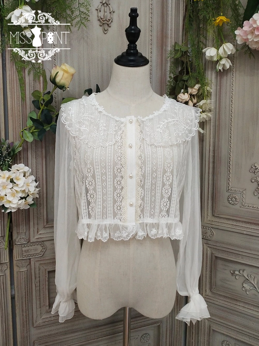 white long sleeve retro lolita blouse with brocade silk crease and lace accents elegance