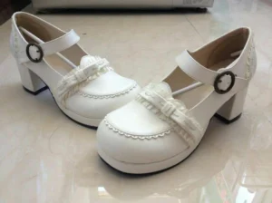 Pure white Mary Jane lolita high heel shoes with lace ruffle bow strap chunky block heel oblique view