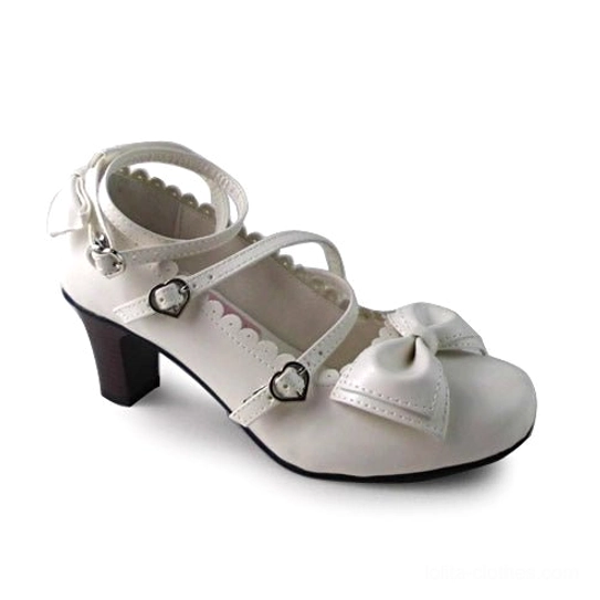 Matte white lolita high heels with crossover ankle straps, heart-shaped metal buckles, scalloped collar, and substantial 6.3cm block heel for elegant profile