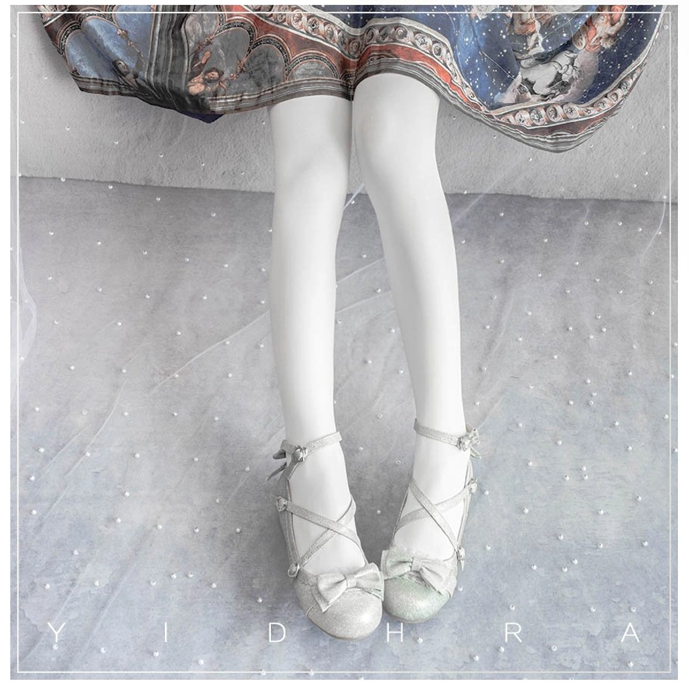 Pure white matte velvet tights with oil-painting style Lolita skirt and silver cross-strap Mary Jane shoes - elegant coordinate