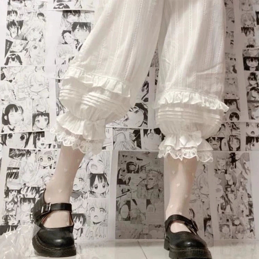 White mid-length sweet lolita bloomers with accordion pleats lace ruffled cuffs satin bows versatile for standard lolita coordinates and diverse styling applications