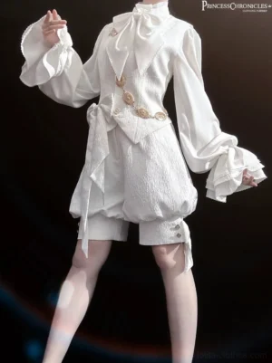 White moonlight ouji lolita vintage jacquard vest front three-quarter view with statement bow and gold button details on female model