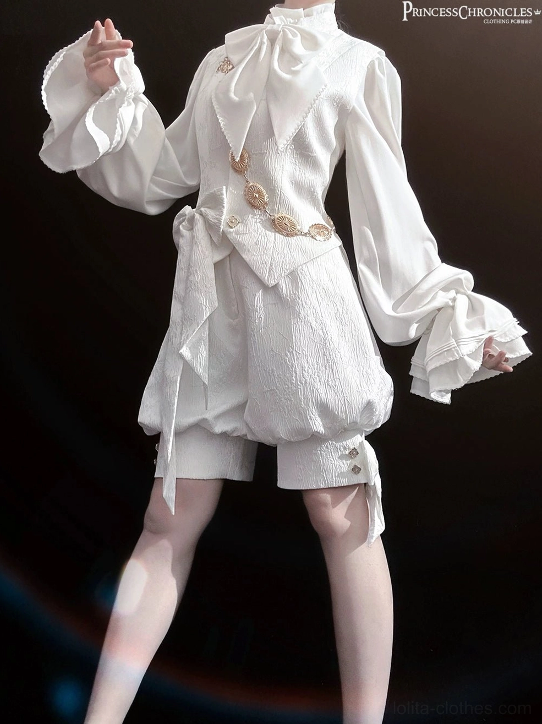 White moonlight ouji lolita vintage jacquard vest front three-quarter view with statement bow and gold button details on female model