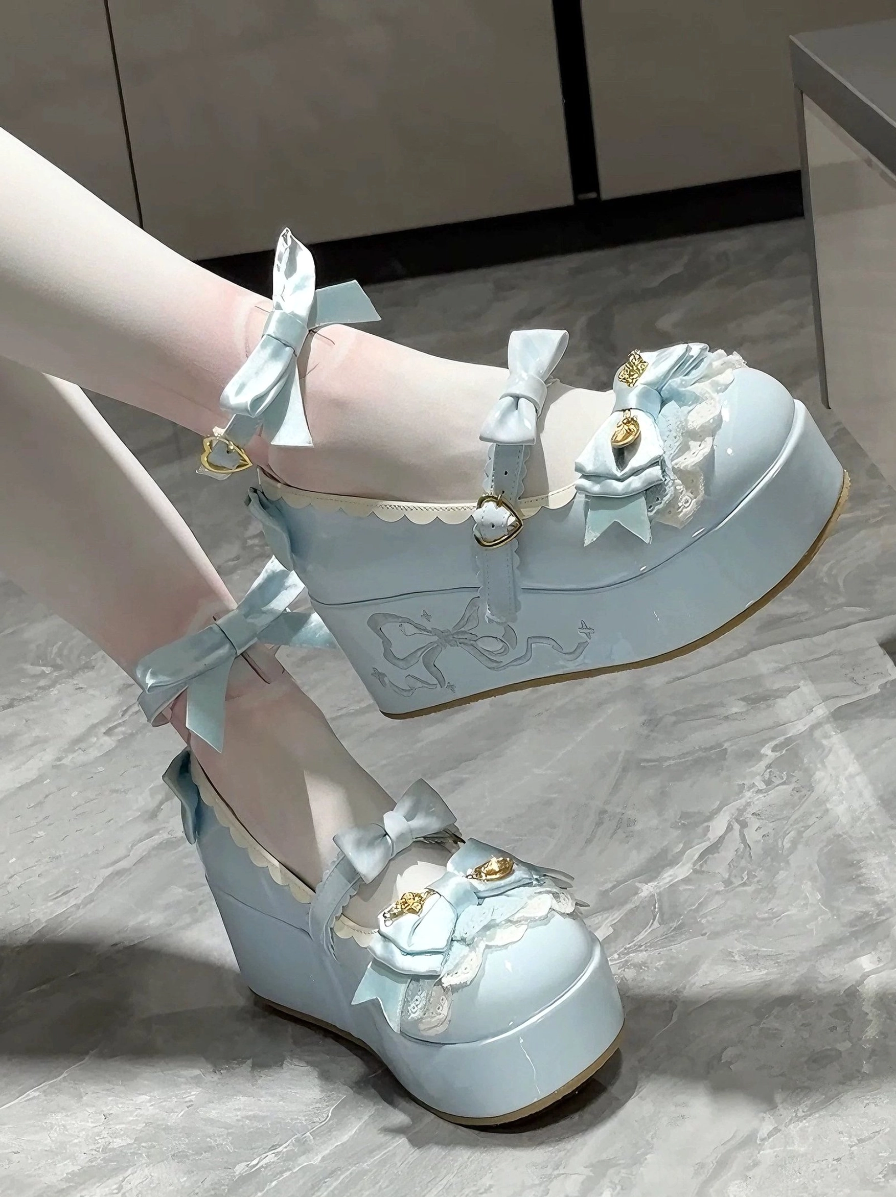 White mousse roll sweet lolita platform shoes detailed product photography showing craftsmanship lace detailing and gold metal embellishments